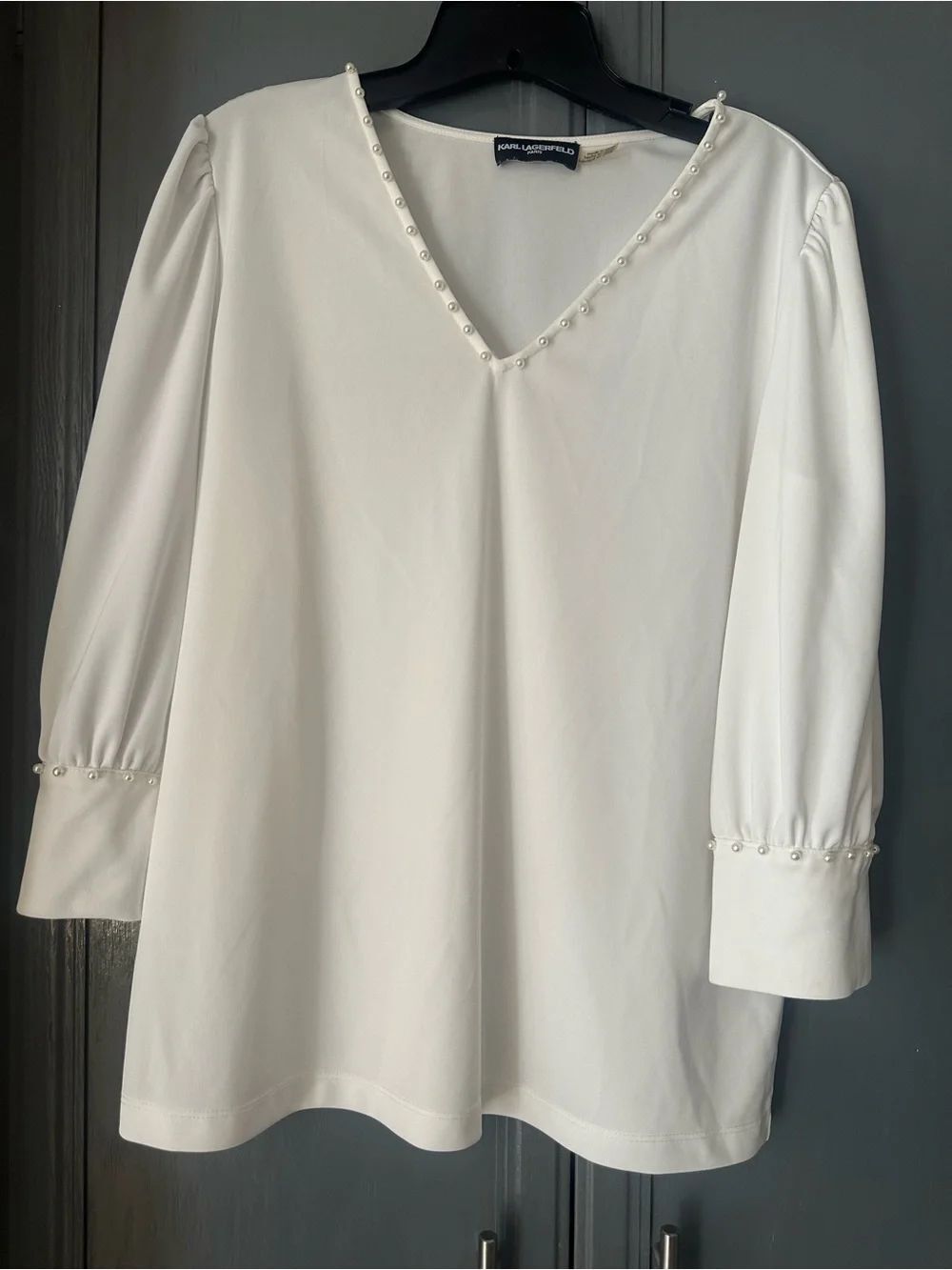 Karl Lagerfeld Ivory Pearl-Trim V-Neck Women's Top M